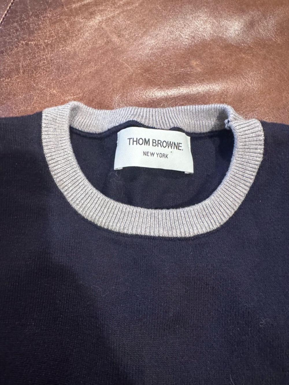 Thom Browne Milano Colorblock Crewneck Sweater - Navy, Gray & Cream - Picture 10 of 11